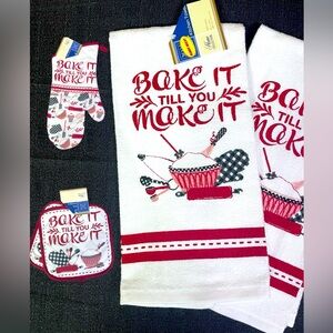 5-Pc Kitchen Set BAKE IT TILL YOU MAKE IT Towels Pot Holders Mitt Red White NWT